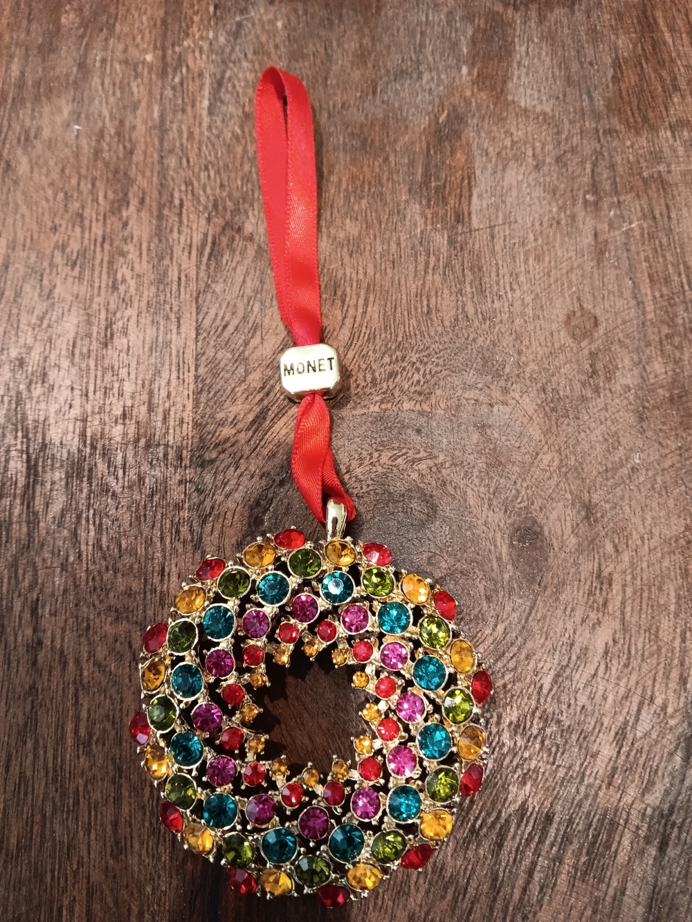 Monet Multicolor Crystal Wreath Pendant Ornament - Red Ribbon